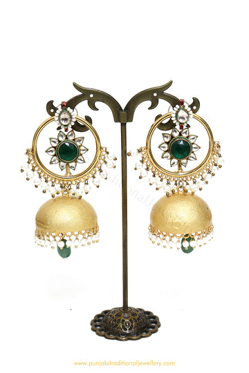 Gold Finished Emerald Kundan Jhumki Earrings by PTJ